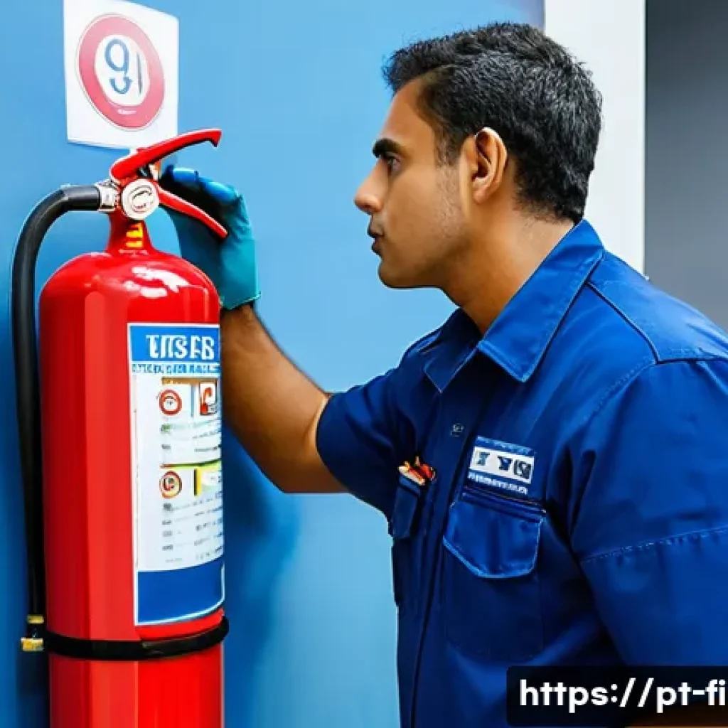 소방설비기사와 방화벽 설계 사례 - A professional fire safety technician performing a detailed inspection of fire extinguishers inside ...