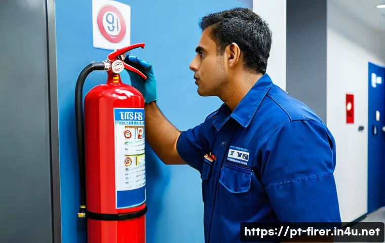 소방설비기사와 방화벽 설계 사례 - A professional fire safety technician performing a detailed inspection of fire extinguishers inside ...
