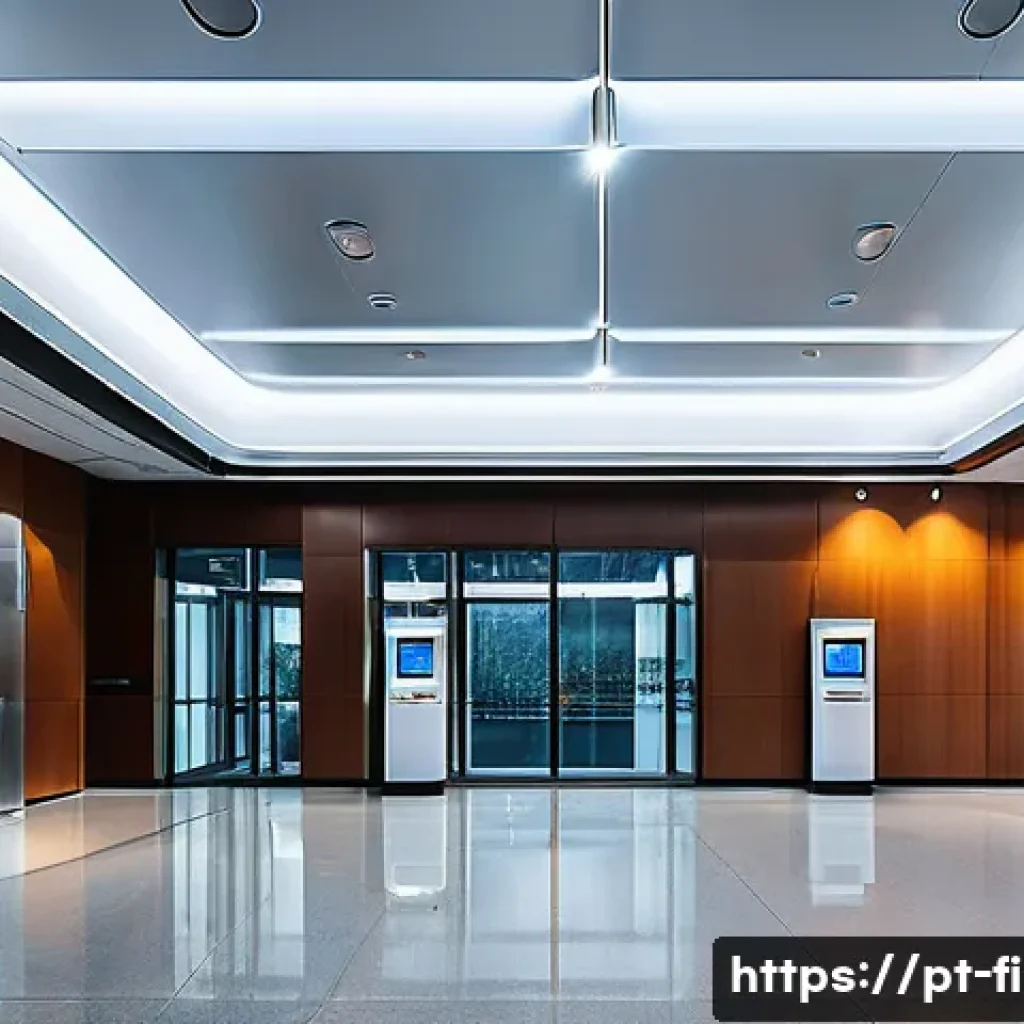 소방설비기사의 주요 연구 주제 - A highly detailed modern commercial building lobby showcasing an advanced fire detection and alarm s...
