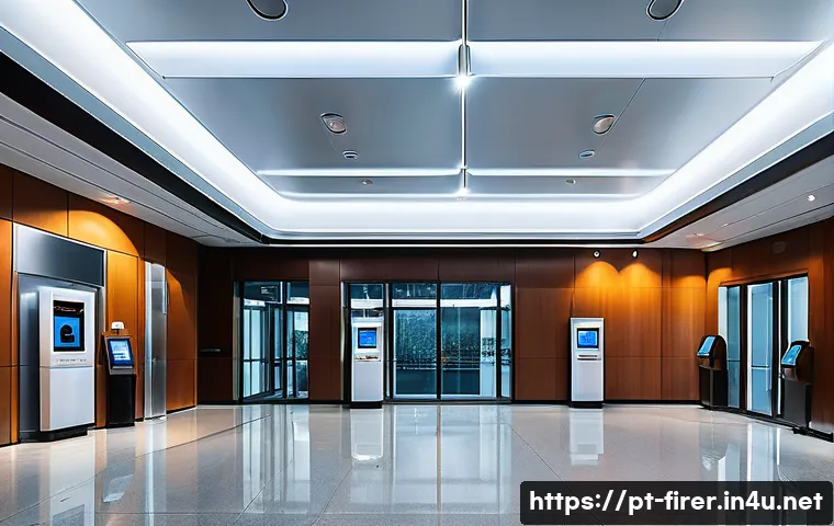 소방설비기사의 주요 연구 주제 - A highly detailed modern commercial building lobby showcasing an advanced fire detection and alarm s...
