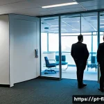 Home 22 소방설비기사와 화재 예방 캠페인 - A modern Brazilian office building lobby with advanced fire safety features, showcasing sleek automa...