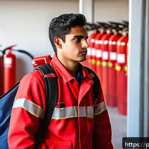 Home 31 소방설비기사 실기시험에서의 유의사항 - A focused young adult male trainee in casual work attire practicing fire extinguisher handling in a ...