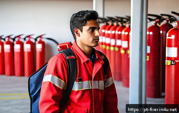 소방설비기사 실기시험에서의 유의사항 - A focused young adult male trainee in casual work attire practicing fire extinguisher handling in a ...