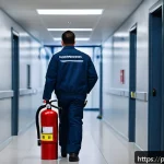 Home 23 소방설비기사와 화재 발생 시 대처법 - A detailed, realistic scene inside a modern commercial building hallway showing a fire safety inspec...