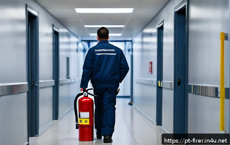 소방설비기사와 화재 발생 시 대처법 - A detailed, realistic scene inside a modern commercial building hallway showing a fire safety inspec...