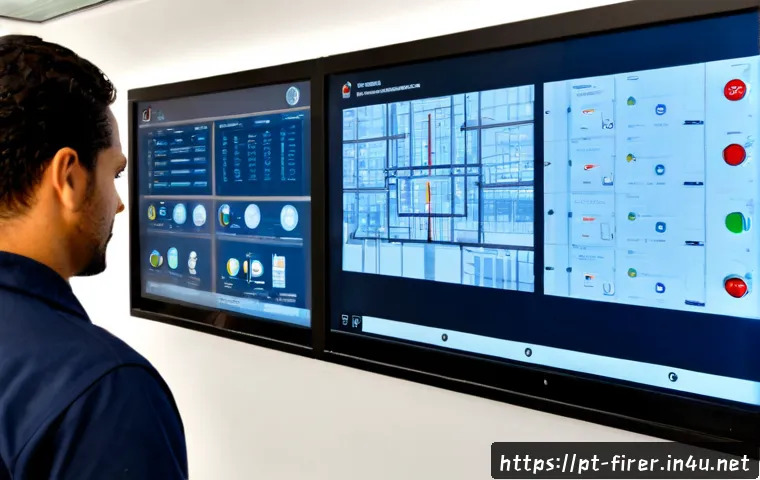 소방설비기사와 스마트 빌딩 시스템 - Photorealistic fire protection engineer in clean safety gear inspecting a smart building control roo...