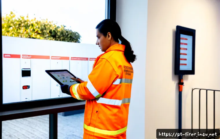 Home 17 소방설비기사 관련 최신 법령 정리 - Photorealistic Portuguese fire safety engineer in clean protective workwear reviewing updated buildi...