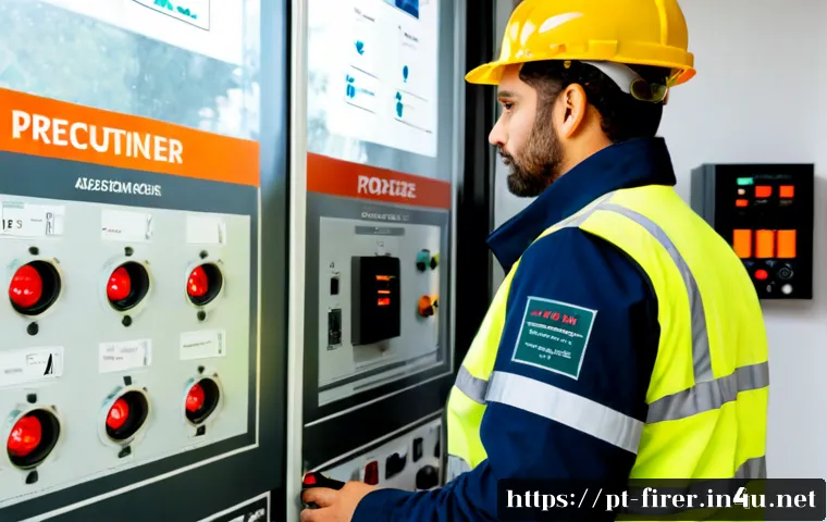 Home 17 소방설비기사와 방재기술 발전 동향 - Photorealistic fire protection engineer in a modern Portuguese commercial building control room, wea...