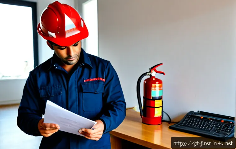 Home 17 소방설비기사 자격증으로 이직 준비 - Photorealistic Portuguese fire safety technician preparing for a career change at a clean home offic...